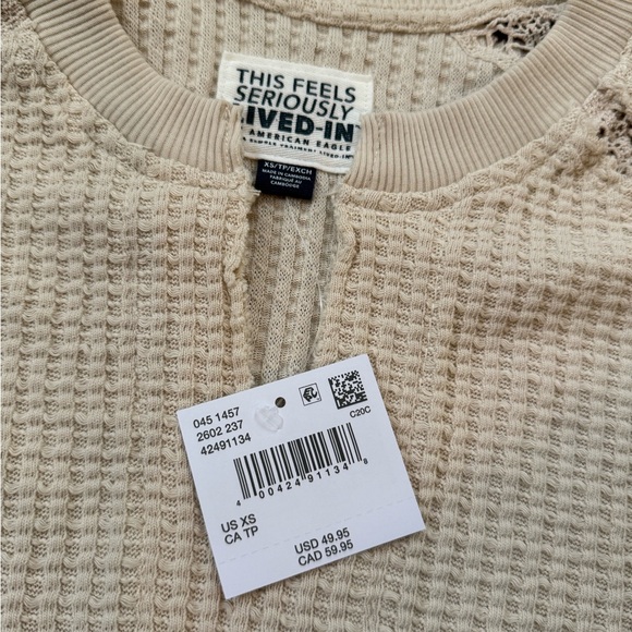 Aerie Big Hug Waffle Knit Top with Crochet Trim - XS - NWT - Picture 2 of 4